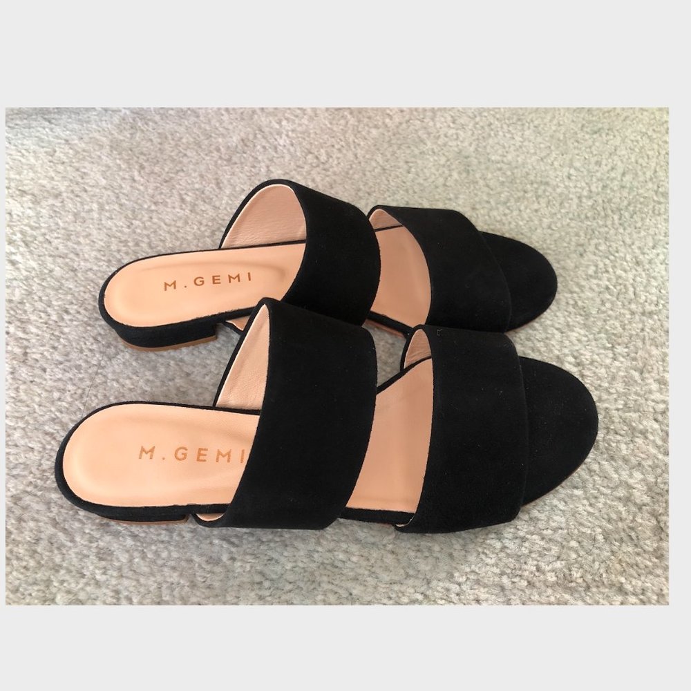 M. Gemi Women's Black Suede Capri Flat Double Strap Sandals Size 37.5